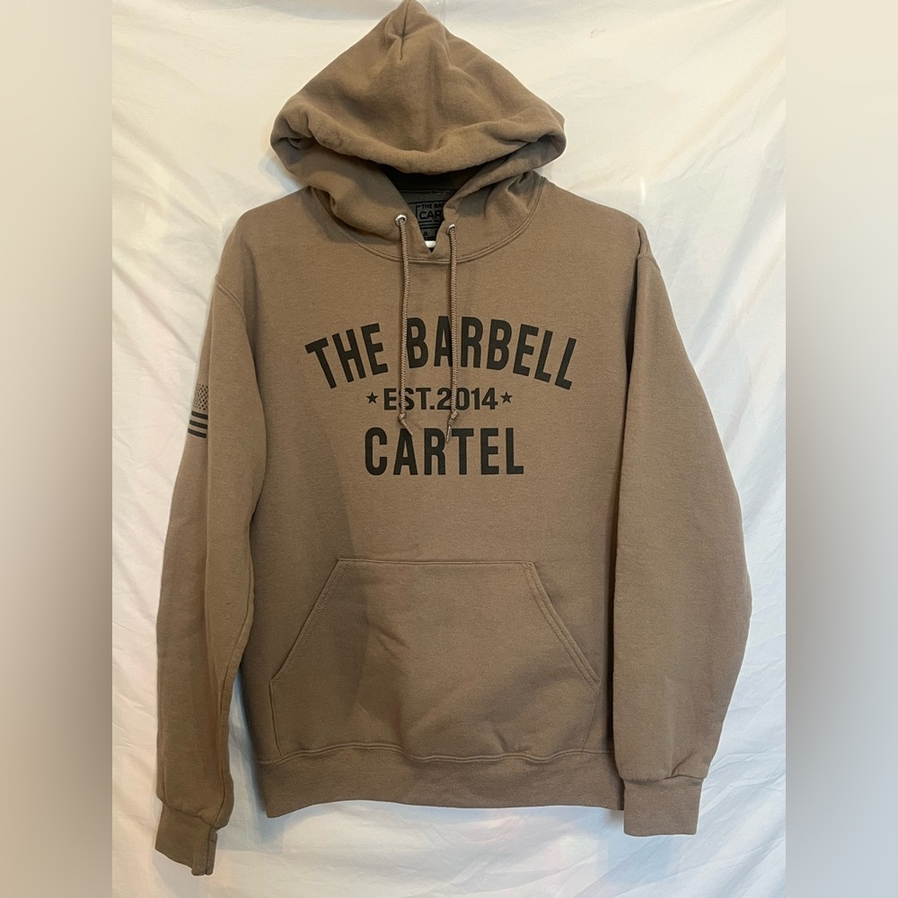 The Barbell Cartel Dark Tan Hoodie Sz S Unisex Drawstring w Pocket